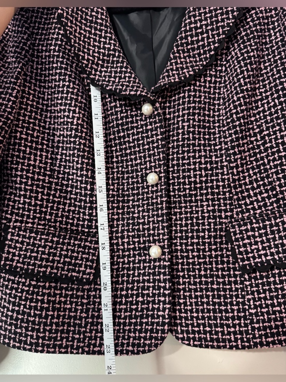 Pink Black Tweed Blazer Pearl Button Scalloped Trim Jacket Versailles - Picture 10 of 13